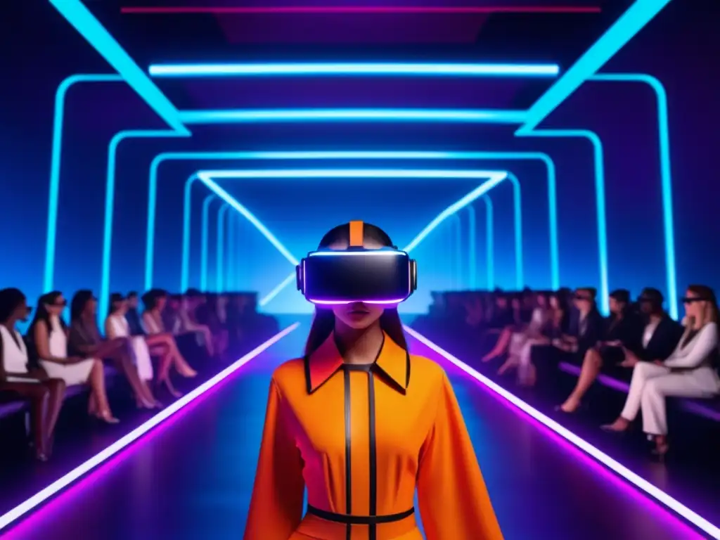 Beneficios de la realidad virtual en la moda: Pasarela futurista con moda de alta tecnología y entorno virtual