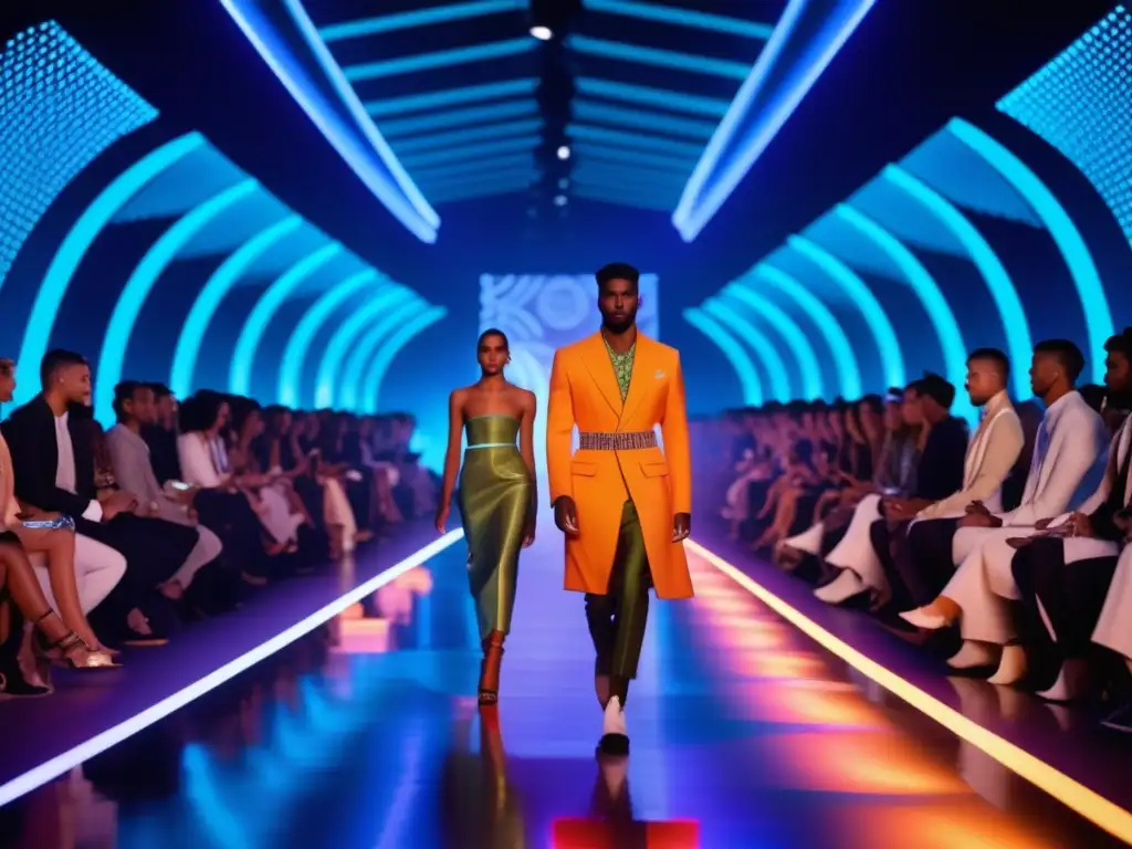 Tendencias moda masculina futuro: Desfile de moda futurista con prendas ecoamigables, iluminación LED vibrante y fusión cultural