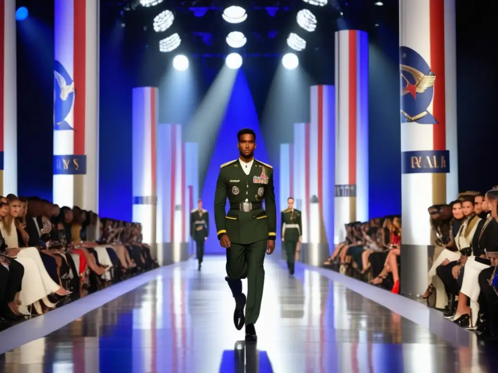 Tendencias moda masculina influencia militar: Desfile de moda masculina militar, con trajes estructurados y estampados de camuflaje