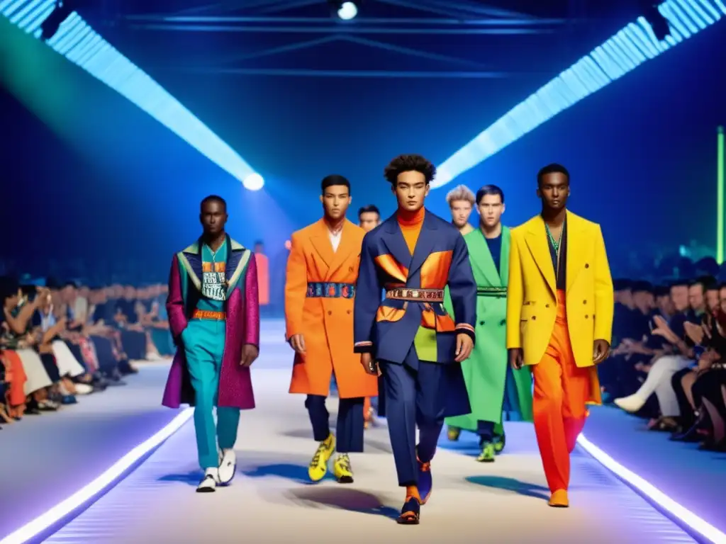 Tendencias moda masculina fusión culturas: Desfile Kenzo con modelos vibrantes y eclécticos en pasarela 8k