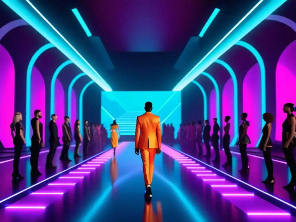 Tendencias moda masculina realidad virtual: Desfile de moda futurista con modelos holográficos, diseños vanguardistas y ambiente visual impactante