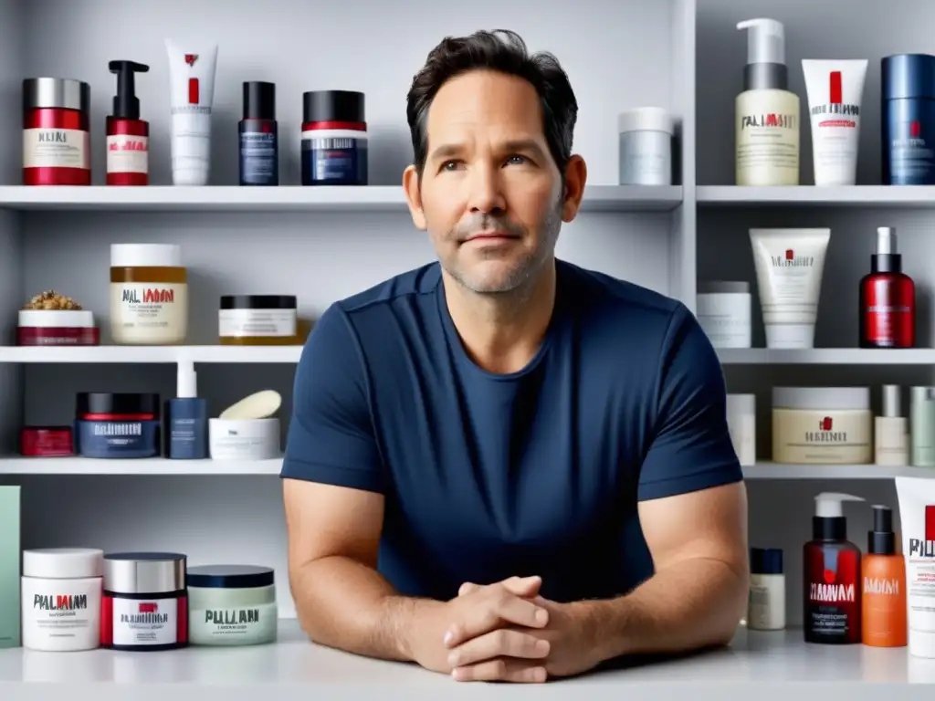 Paul Rudd en su look casual de AntMan, rodeado de productos de cuidado facial, refleja profesionalismo y sofisticación