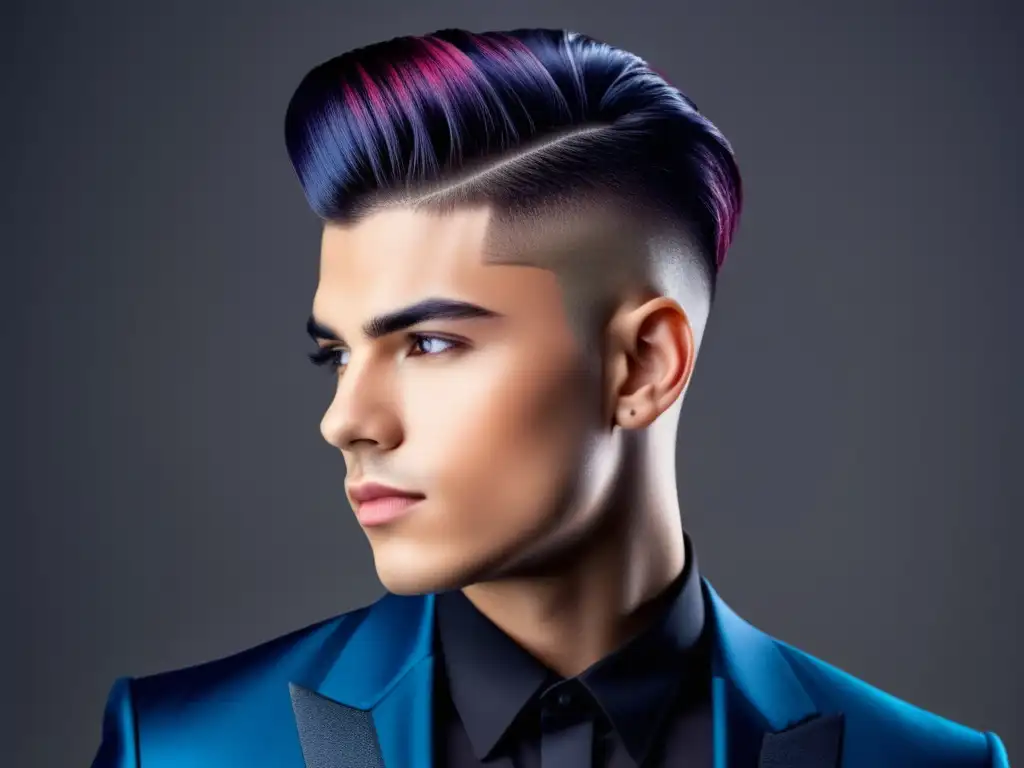 Peinados modernos para hombres: Detalles precisos y colores vibrantes resaltan el estilo contemporáneo y sofisticado de este corte de pelo