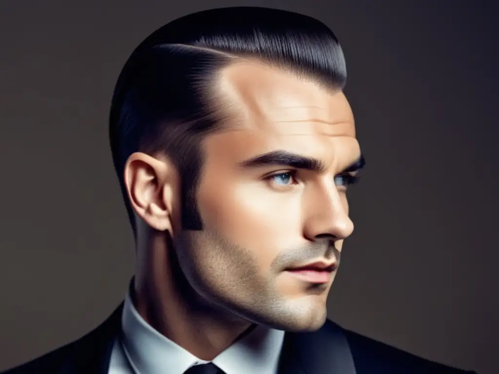 Peinado elegante para hombres con entradas, modelo con cabello bien peinado en un clásico estilo de raya al costado