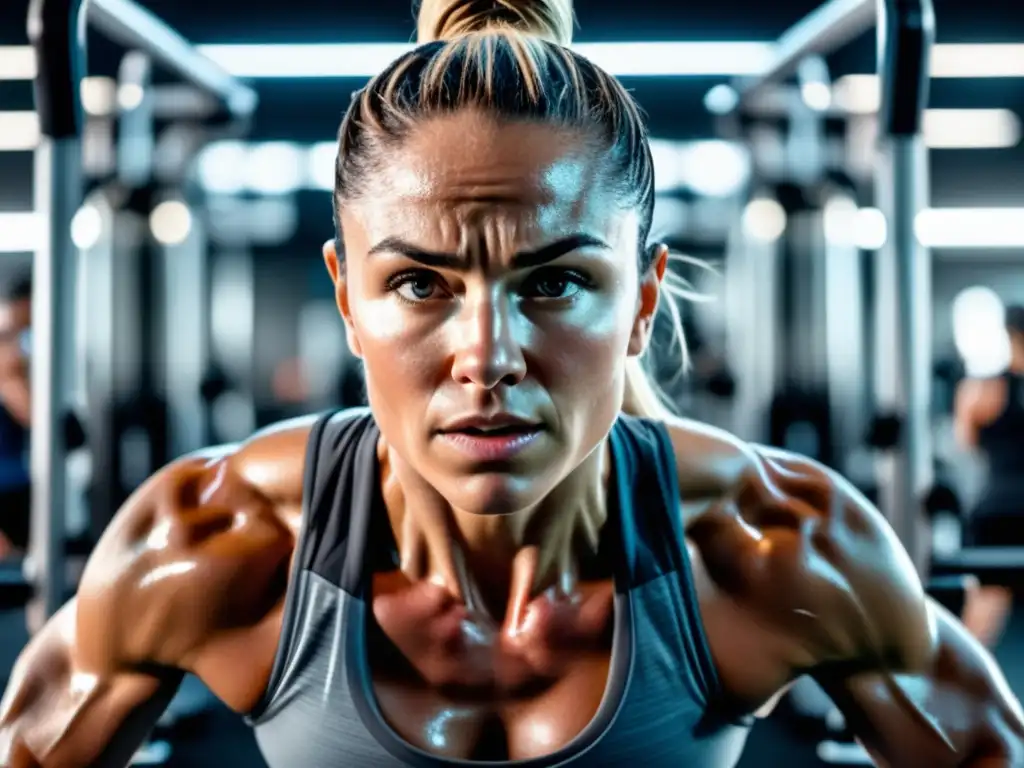 Persona intensamente entrenando en gimnasio moderno, resaltando importancia de salud física en estilo de vida elegante