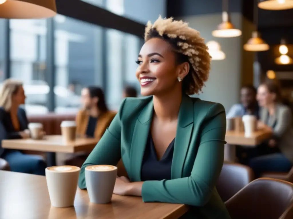 Individuo confiado en café moderno con buena postura social (Beneficios de una buena postura en las relaciones sociales)