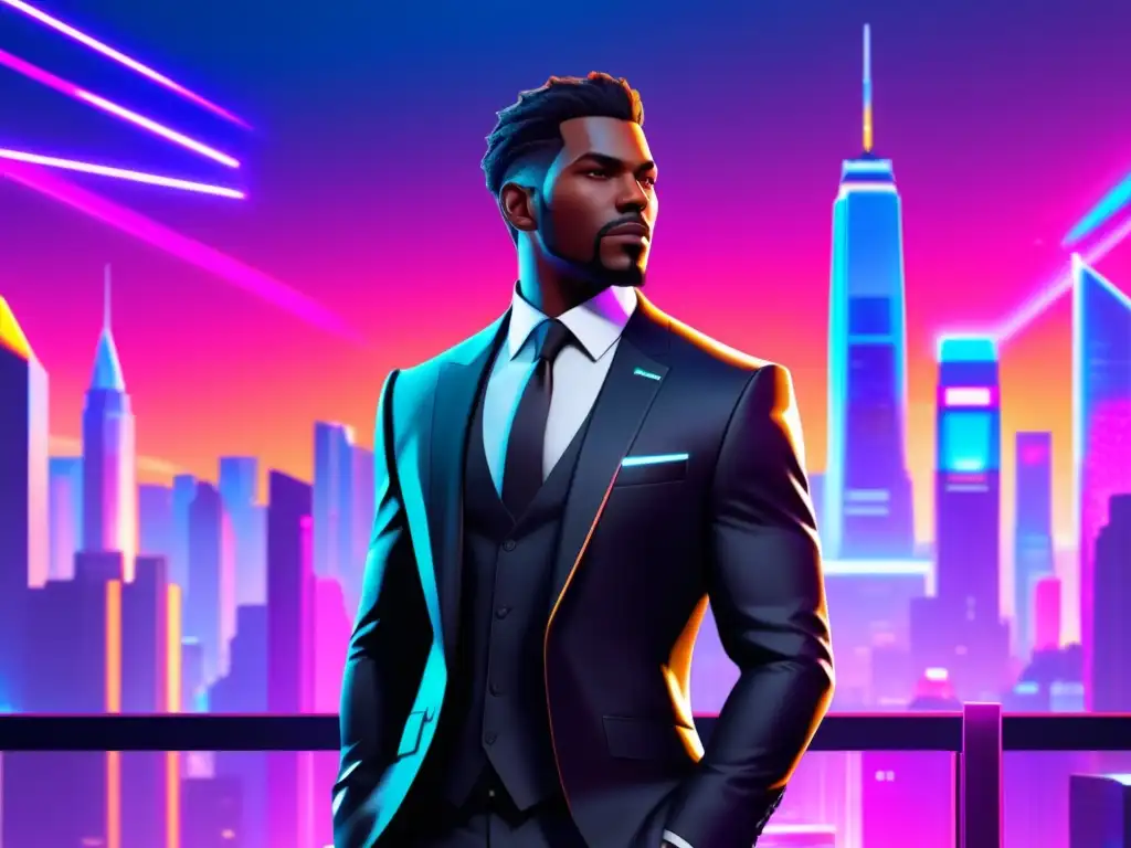 Estilo masculino en videojuegos: personaje de videojuego moderno con traje negro elegante en una ciudad futurista