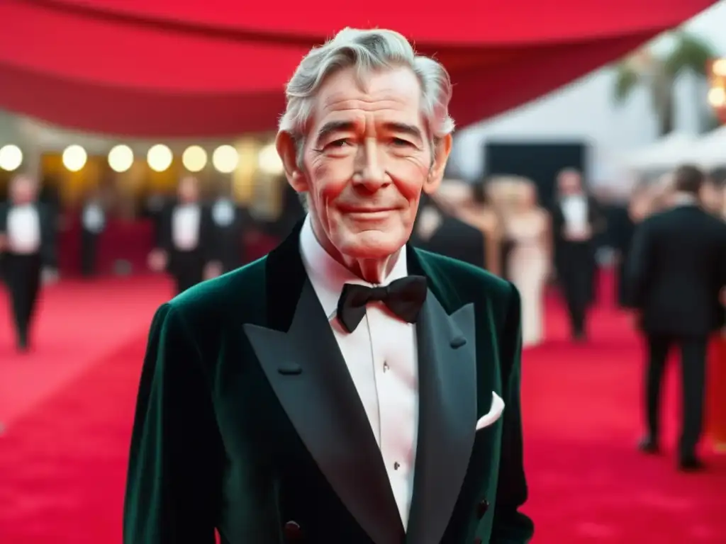 Peter O'Toole en elegante tuxedo en alfombra roja con admiradores y fotógrafos