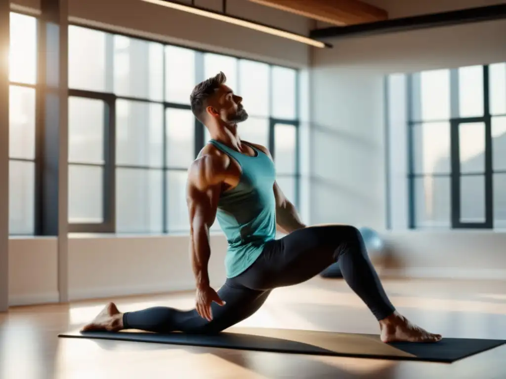 Practicante masculino de Pilates demostrando fuerza, flexibilidad y equilibrio en un estudio moderno