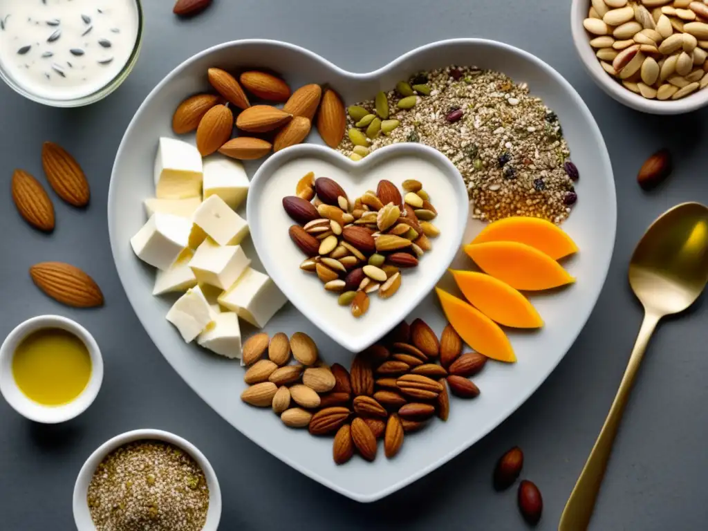 Alimentos para la salud cardiovascular masculina: corazón de frutos secos y semillas, lácteos bajos en grasa, aceite de oliva y aguacate