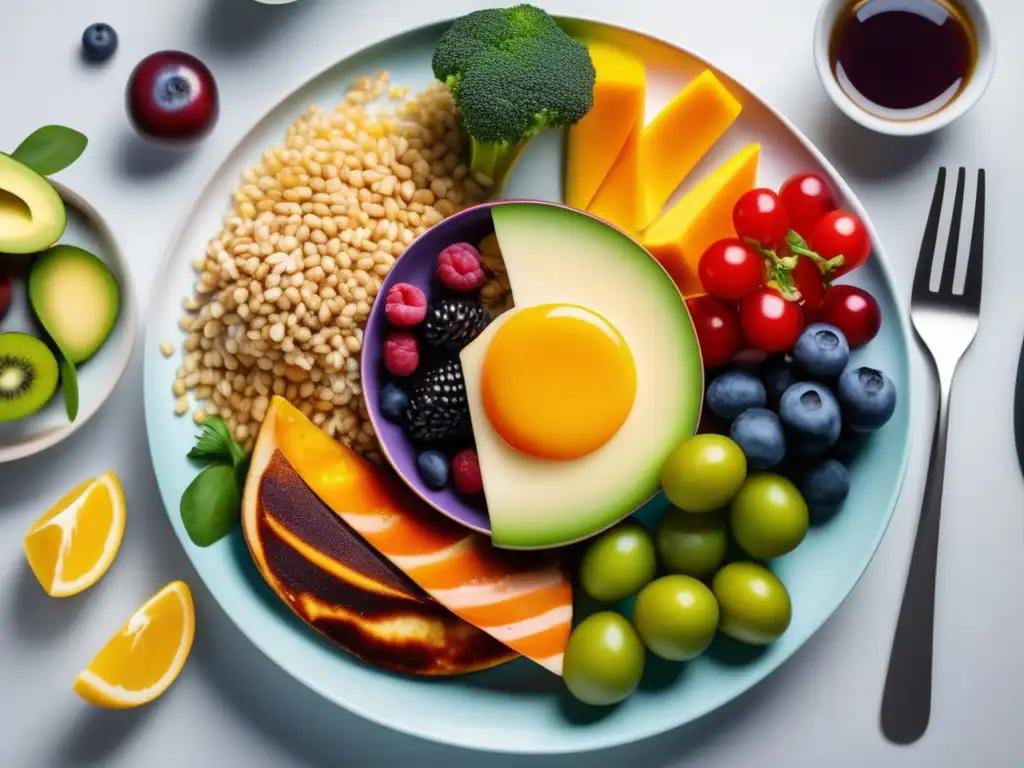 Plato vibrante y colorido con alimentos saludables, desmitificando la dieta sin carbohidratos