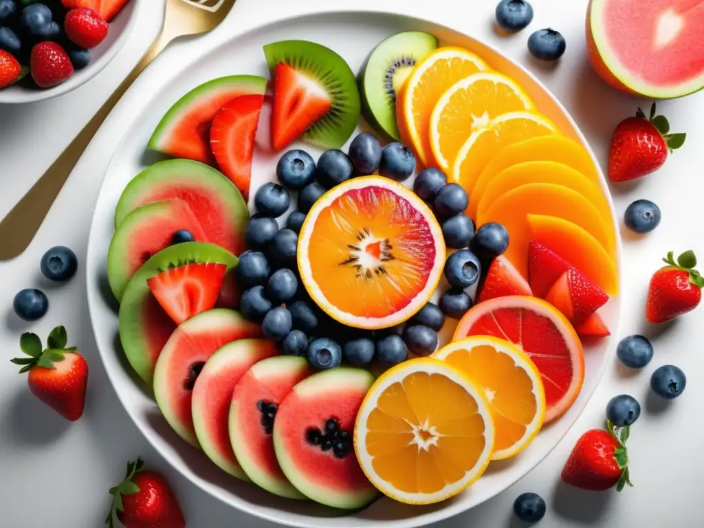 Plato de frutas coloridas resalta importancia alimentación piel