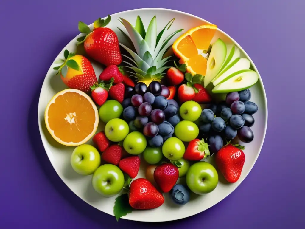 Plato colorido de frutas y verduras, simbolizando los beneficios de una dieta equilibrada en la autoestima