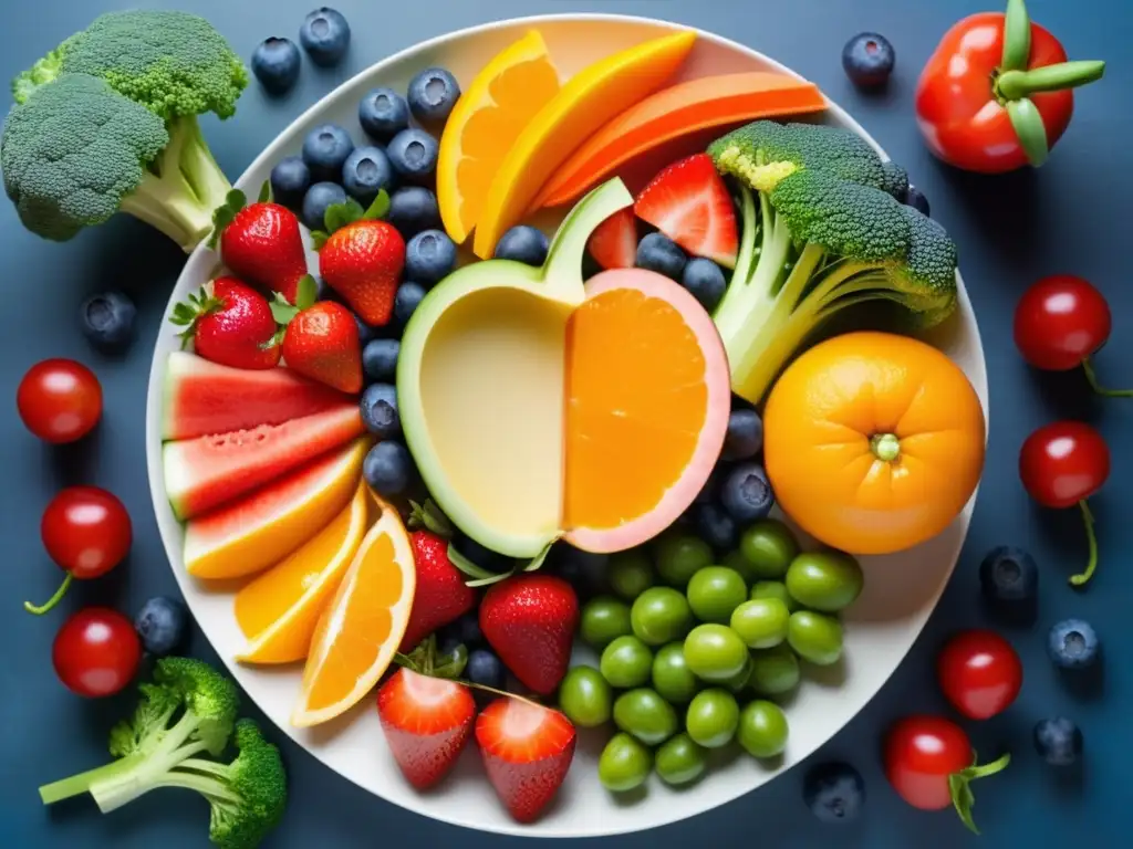 Plato de frutas y verduras balanceadas, destacando importancia de la salud digestiva y apariencia