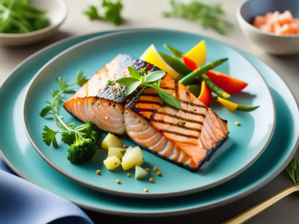 Alimentos relajantes para hombres estresados: Delicioso salmón a la parrilla con vegetales coloridos