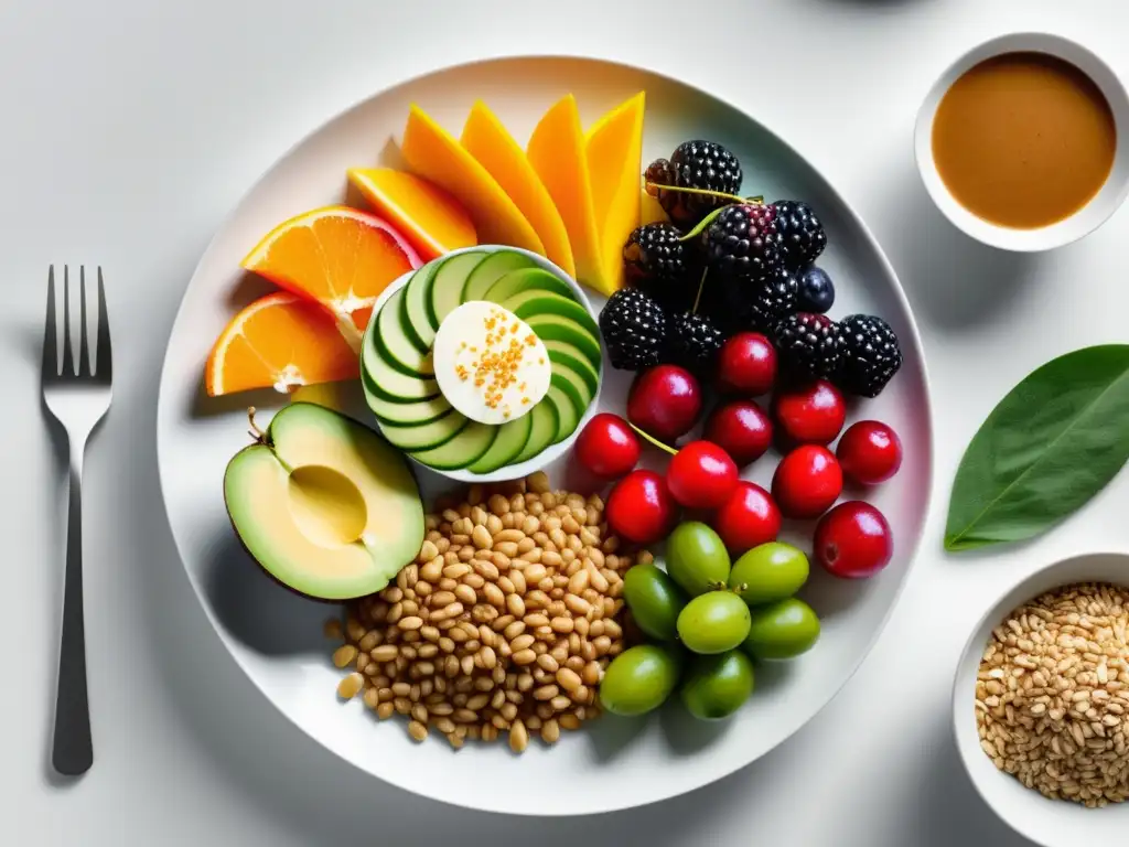 Plato de alimentos coloridos y nutritivos en una mesa moderna, resaltando los beneficios de una dieta equilibrada en la autoestima