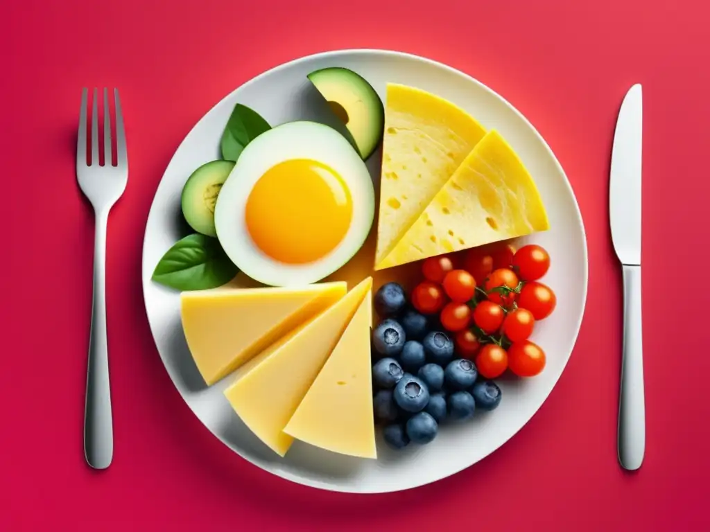 Beneficios alimentación adecuada: plato balanceado y vibrante con variedad de alimentos saludables