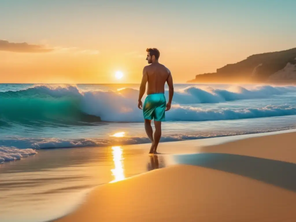 Hermosa escena de playa al atardecer Consejos: Playa y estilo masculino - Hombre en traje de baño vibrante disfruta la puesta de sol en una hermosa playa