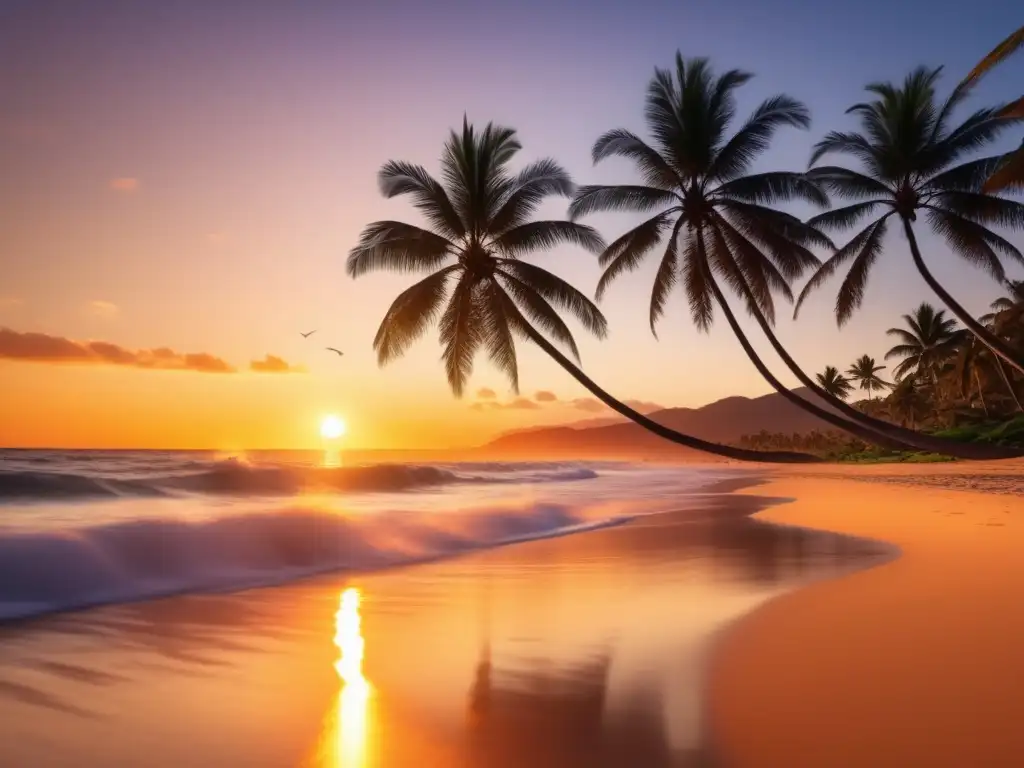 Consejos de estilo para vacaciones playa - imagen de playa al atardecer con una mujer en traje de baño y sombrero, paisaje tropical y relajante