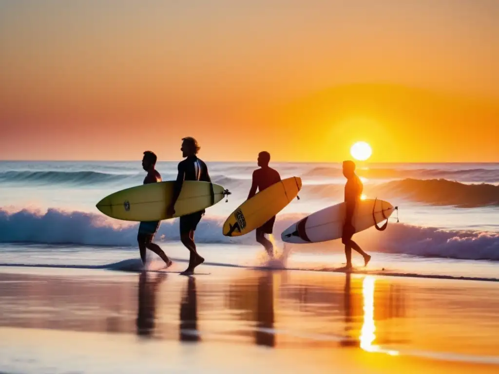 Tendencias moda masculina surf: Playa dorada, surfistas elegantes llevando tablas de surf hacia el mar, olas cristalinas y un atardecer impresionante