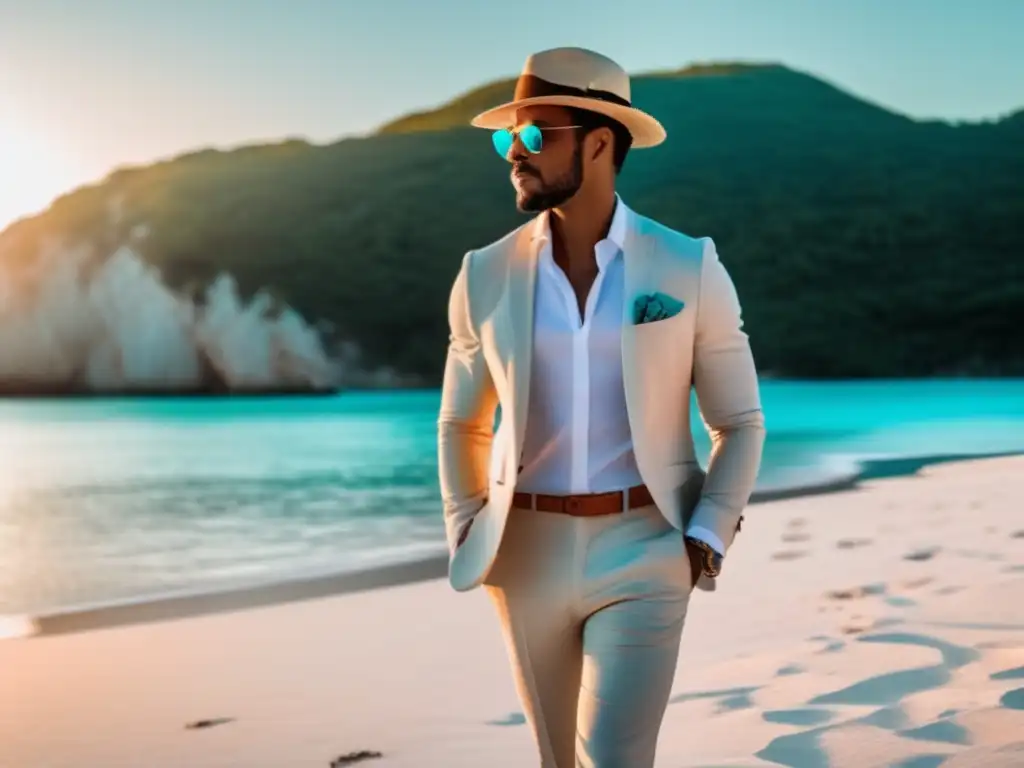 Elegante viajero en playa paradisíaca Consejos moda masculina para viajar: elegante viajero en playa paradisíaca, agua turquesa, traje de lino, sombrero y gafas de sol