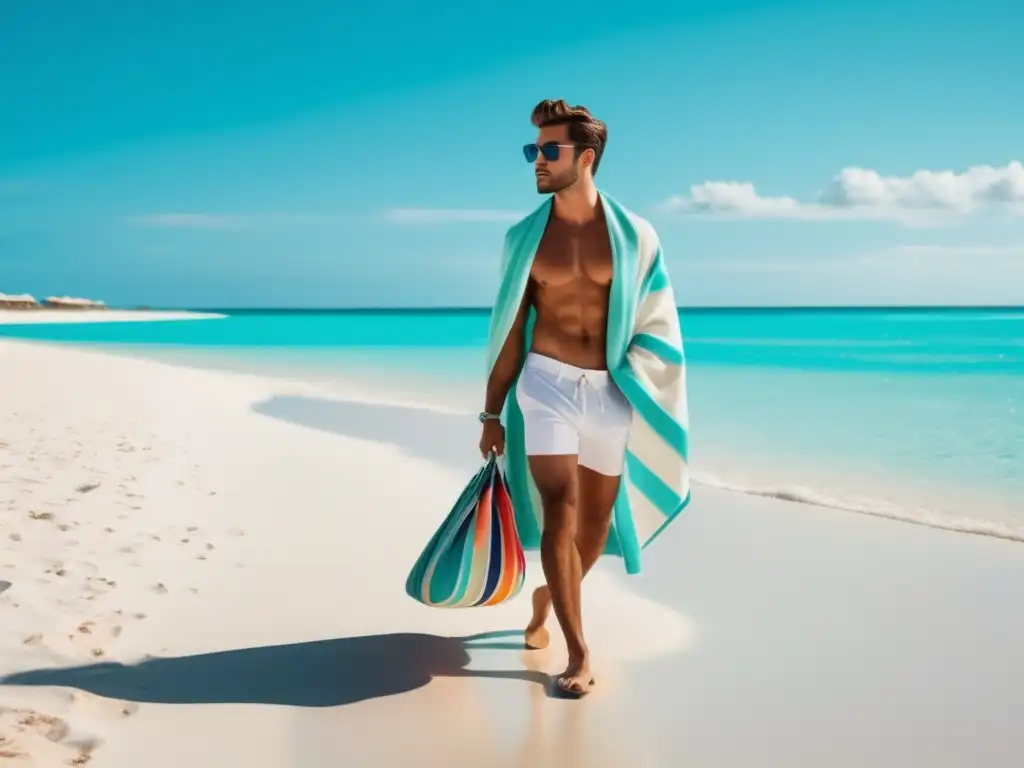 Consejos moda masculina playera: Hombre elegante en playa paradisíaca con aguas turquesas, arena blanca y palmeras