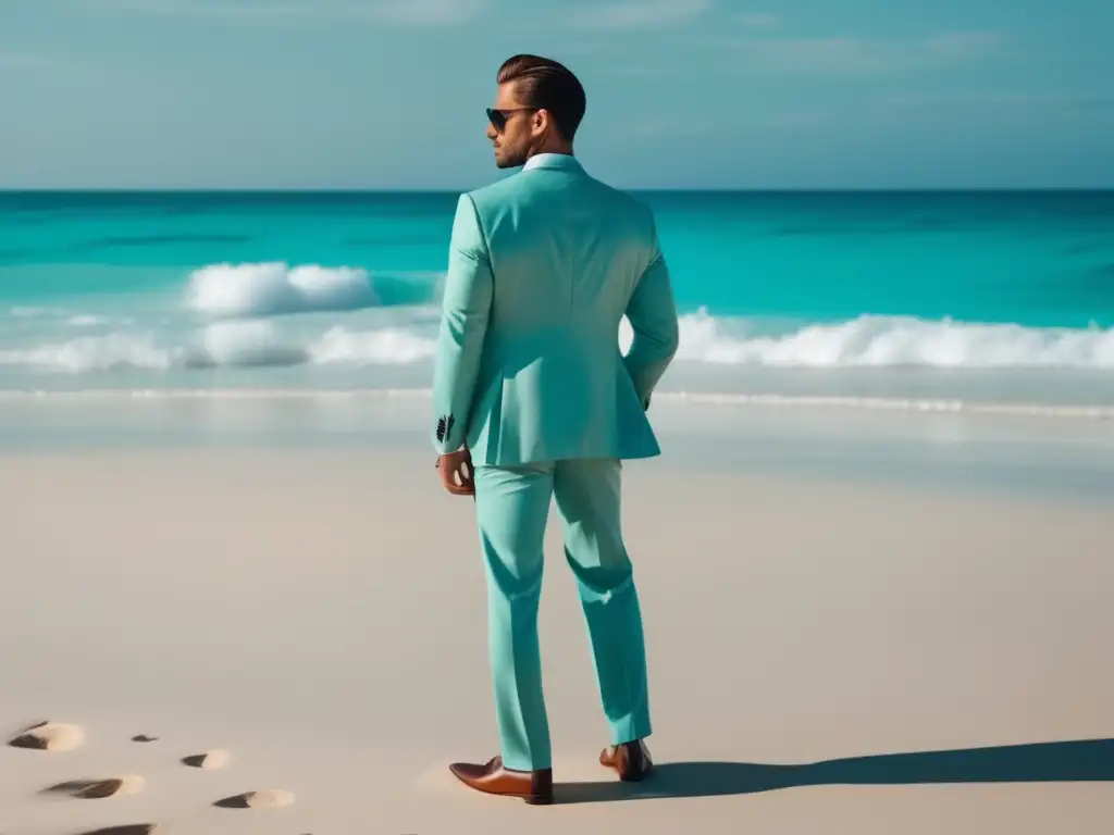 Guía de estilo: Hombre en playa con traje beige, camisa de lino blanco, gafas y sandalias de cuero