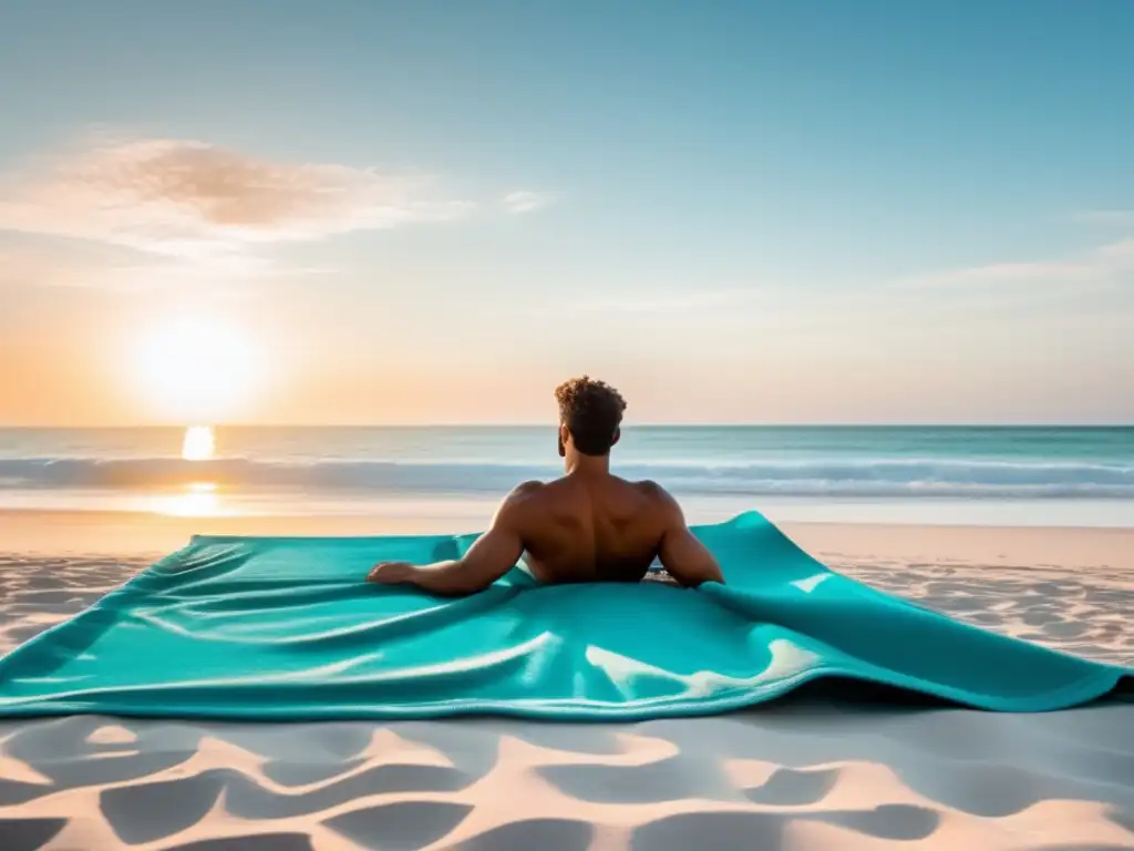 Consejos moda masculina playa: Hombre moderno en una playa paradisíaca, con toalla de diseño geométrico y accesorios de moda