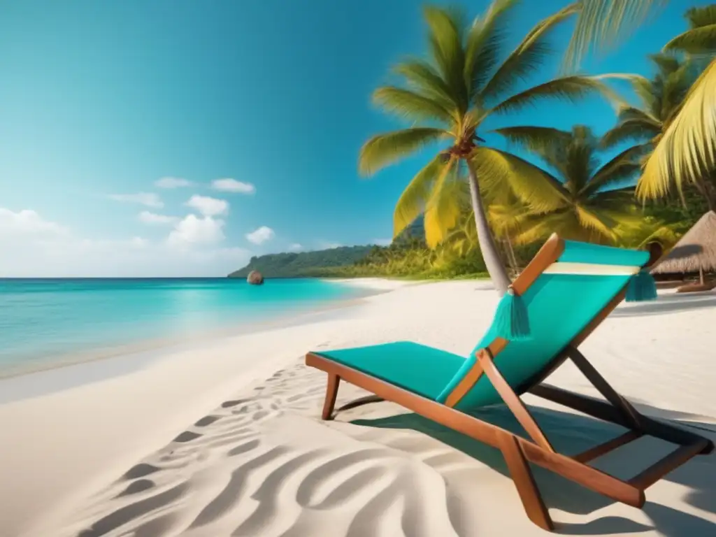 Hermosa imagen 8k de una playa paradisíaca con aguas turquesas, palmeras y accesorios de playa