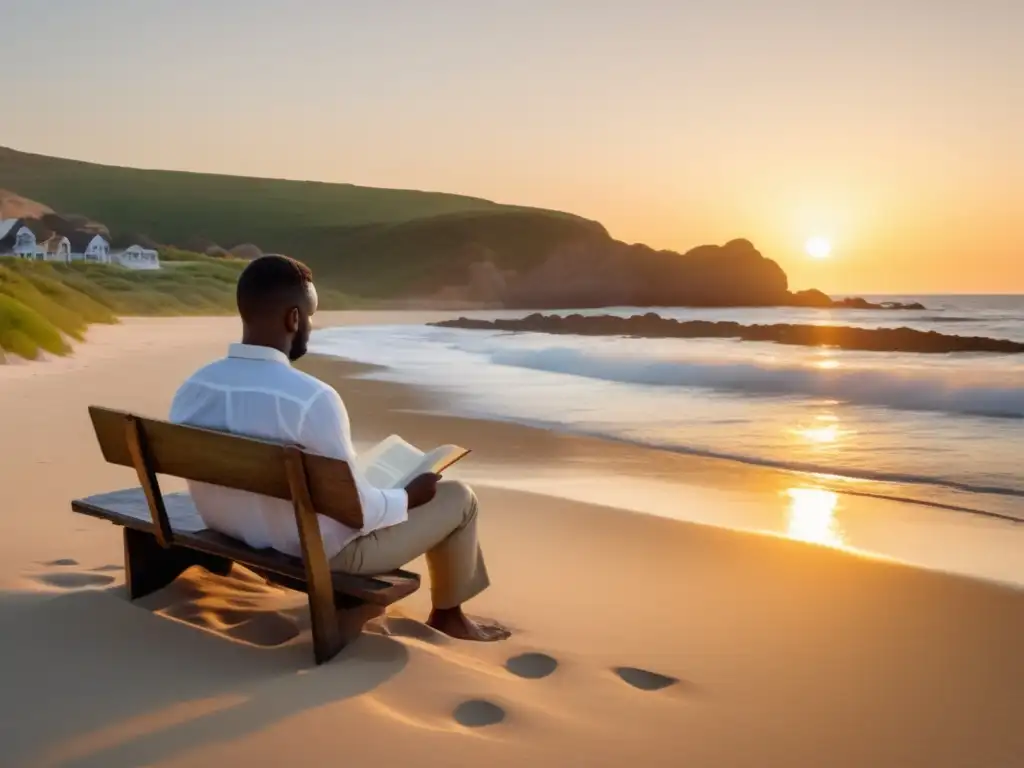 Hombre tranquilo leyendo en una playa al atardecer - Tratamientos naturales para la psoriasis masculina