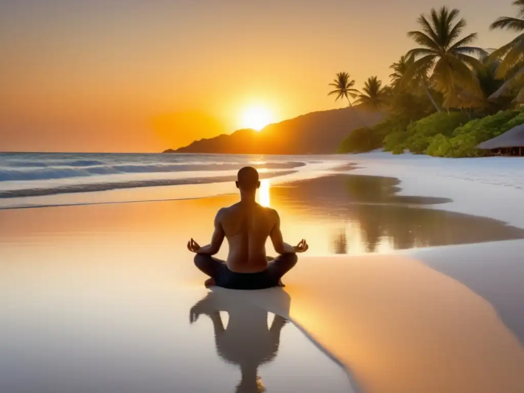 Hombre practicando ejercicios de respiración en playa al atardecer