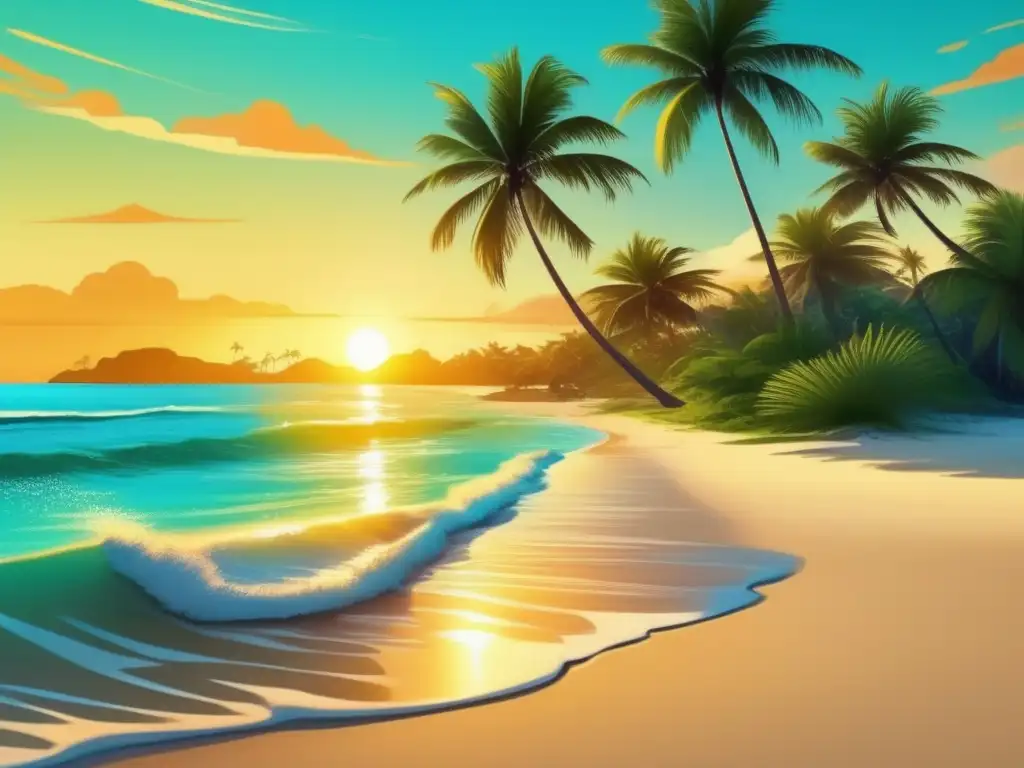 Consejos para destacar en tus vacaciones de verano con estilo: una imagen vibrante y moderna de una escena de playa pintoresca al atardecer