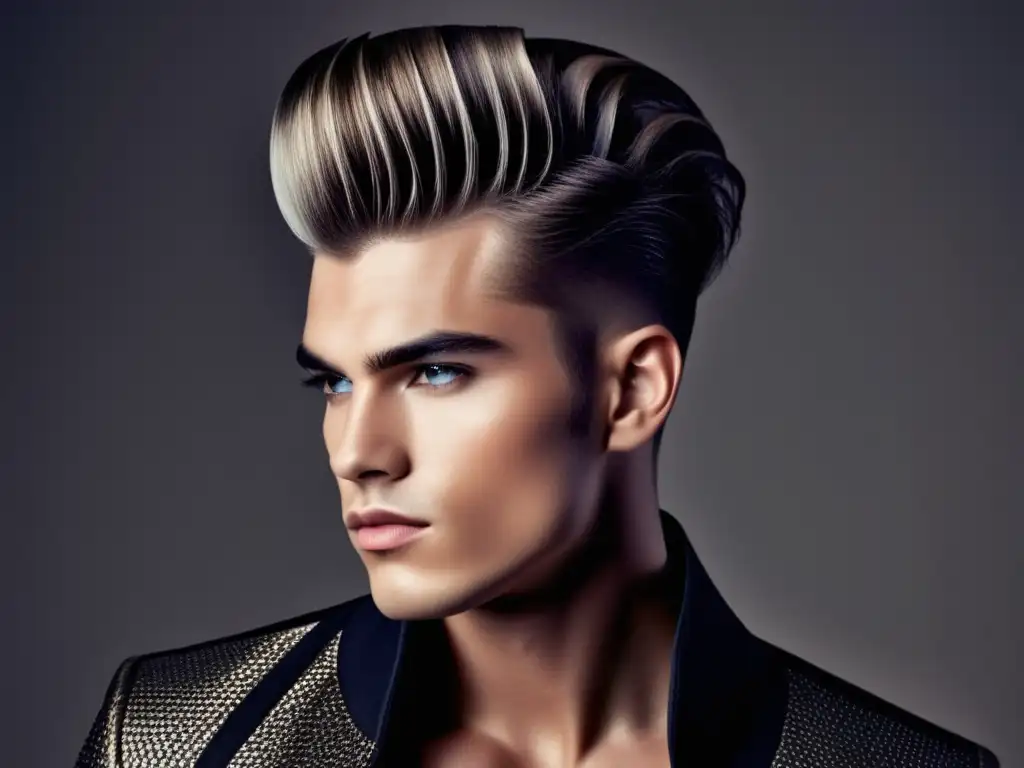 Influencia de estrellas de rock en moda masculina: Modelo masculino con peinado rockero moderno, pompadour voluminoso y undercut elegante