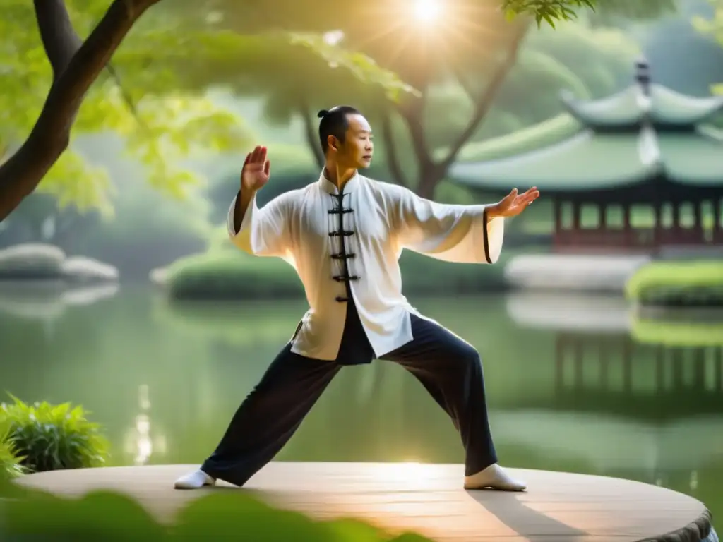 Hombre practicante de Tai Chi en un entorno tranquilo y vibrante - Beneficios del Tai Chi para hombres: Guía anti estrés