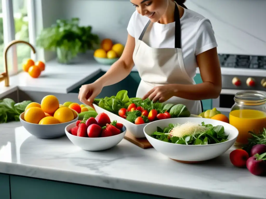 Persona preparando una colorida y nutritiva ensalada en una cocina amplia y luminosa