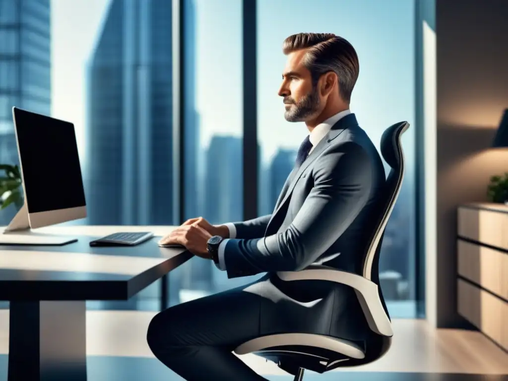 Hombre elegante en un escritorio ergonómico cerca de una ventana, resaltando los beneficios de la ergonomía y la autoestima masculina