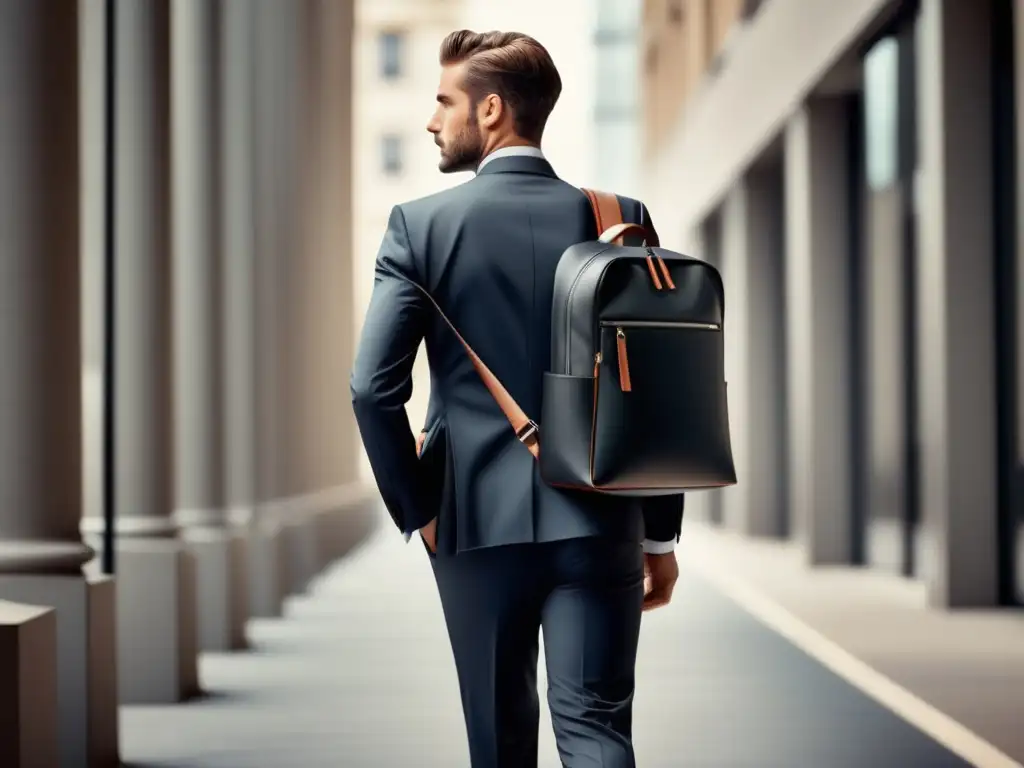 Hombre elegante caminando con mochila de marca, destacando las ventajas de las mochilas de marca para hombres