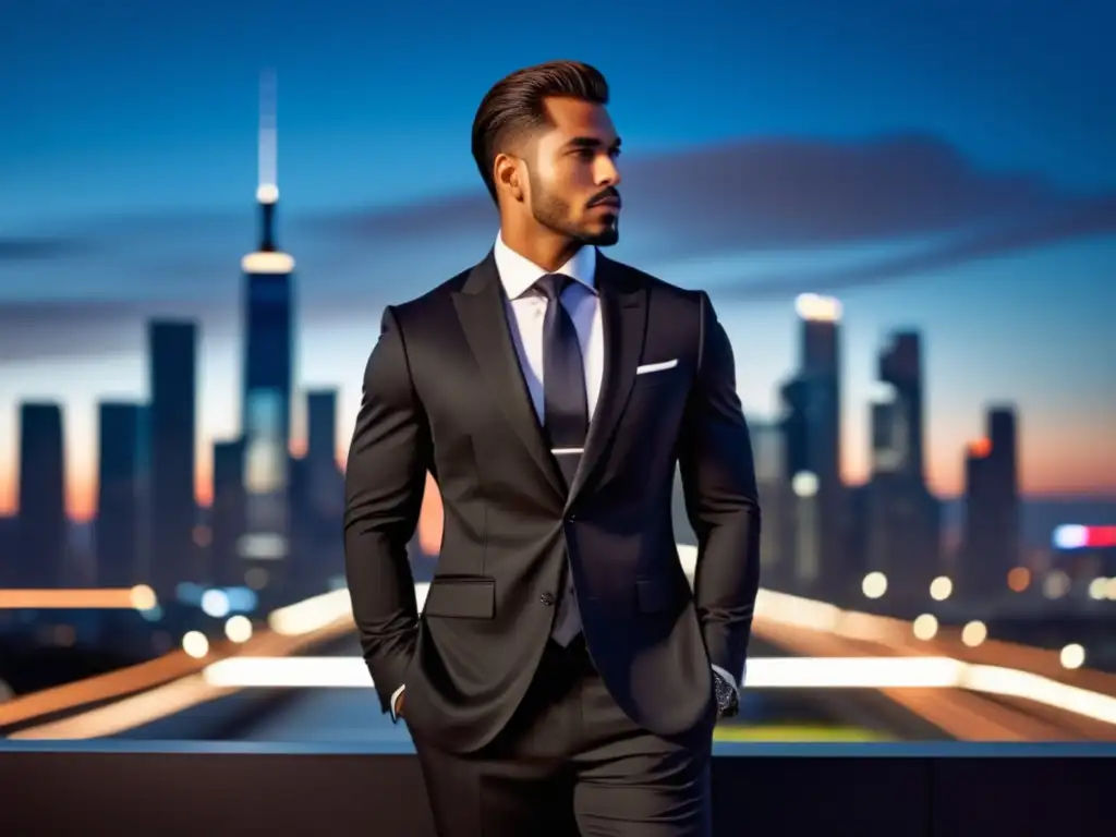 Hombre elegante y sofisticado en traje oscuro, destacando en una ciudad moderna al anochecer