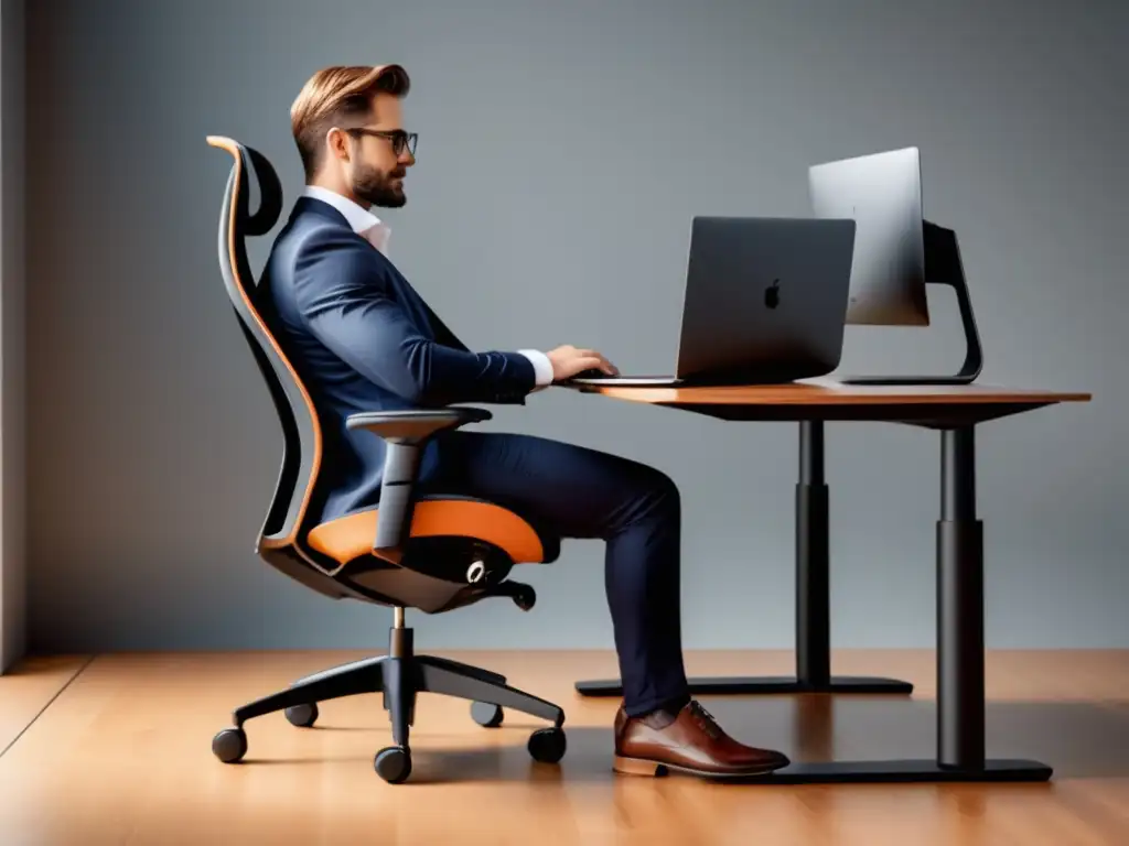 Hombre elegante ejercitando ergonomía y postura, mejora apariencia masculina