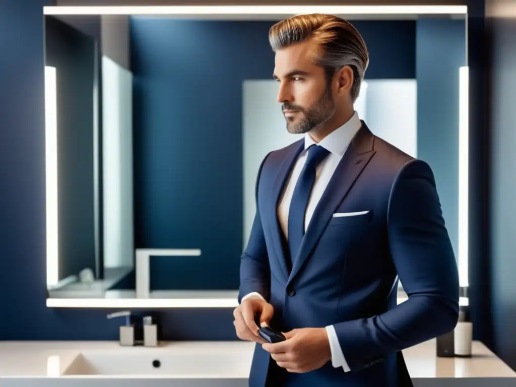 Hombre profesional bien vestido en baño minimalista, evitando errores en moda masculina corporativa