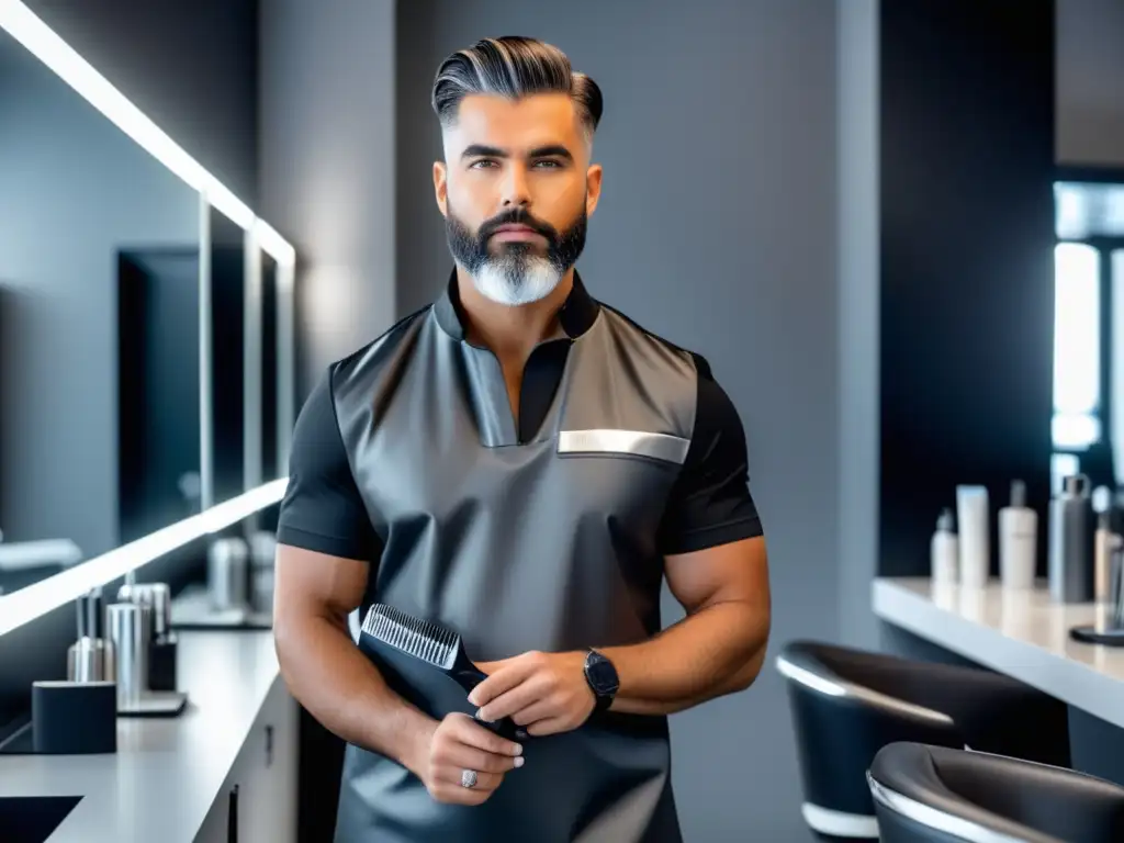 Profesional belleza masculina en salón moderno con decoración minimalista y productos exclusivos