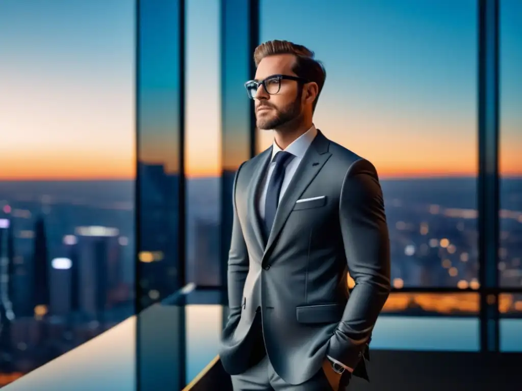 Hombre moderno con traje y gafas que combina éxito y estilo