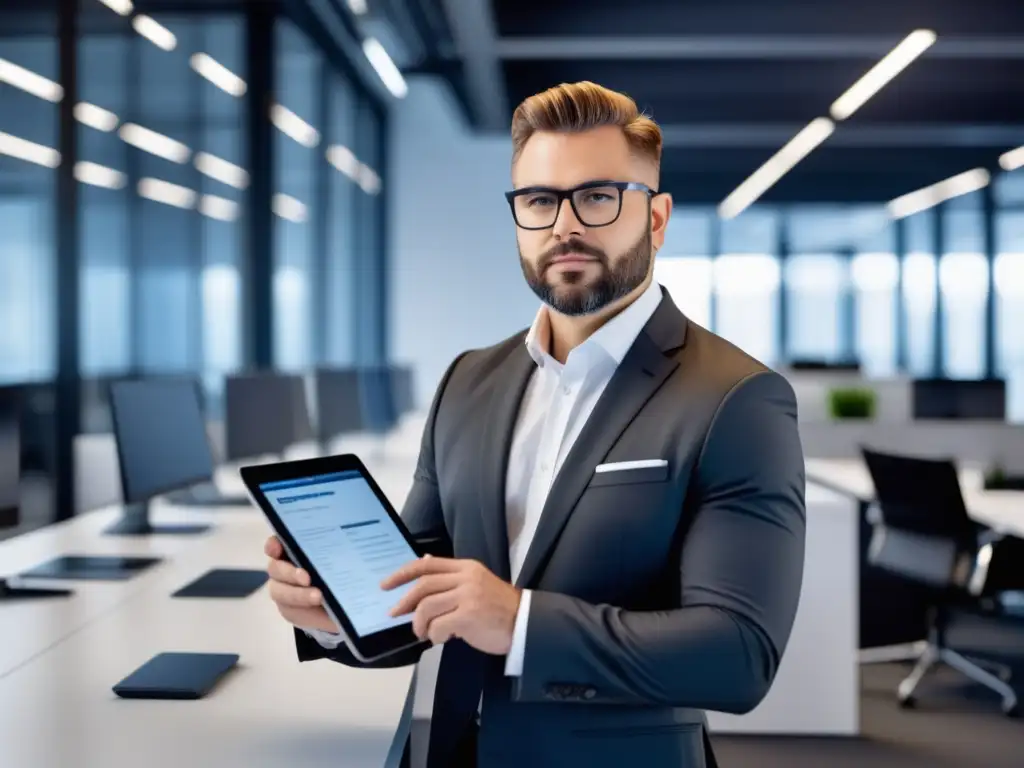 Técnico de pruebas con traje impecable en oficina moderna, mostrando interfaz de software en tablet y ajustando gafas elegantes