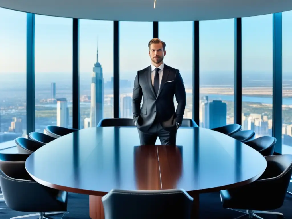Hombre elegante en sala de conferencias Hombre elegante en traje de negocios en sala de conferencias con vista panorámica de la ciudad