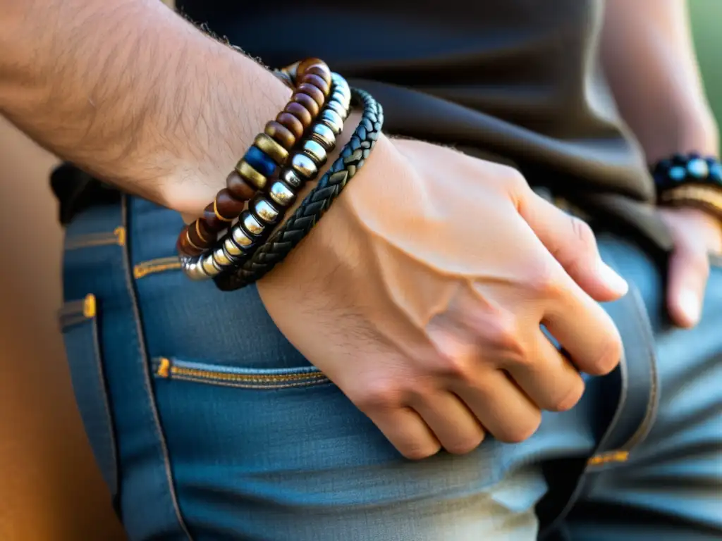 Tendencia pulseras masculinas moda: pulseras de cuero, acero inoxidable y cuentas en muñeca masculina elegante con detalles intrincados