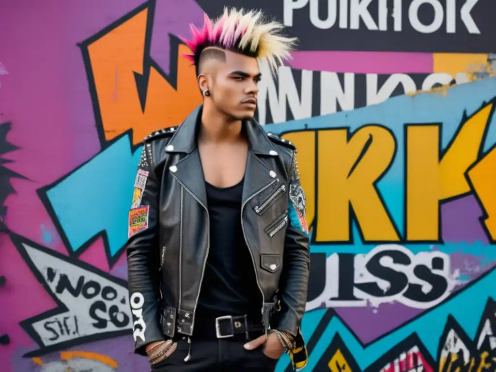 Tendencias moda masculina estilo punk: modelo con atuendo punk frente a graffiti vibrante