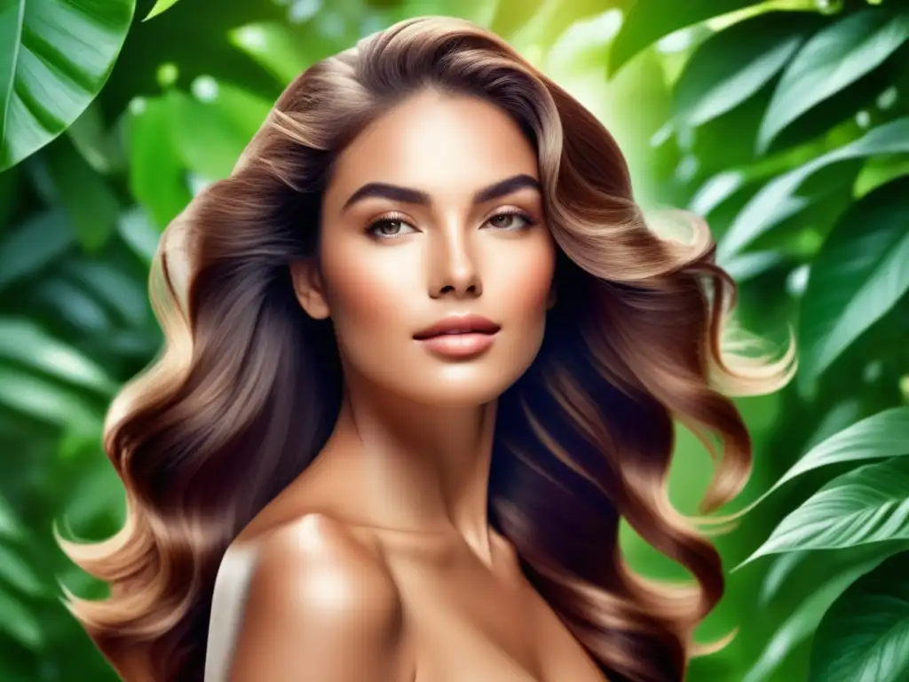 Mujer con piel y cabello radiantes, rodeada de naturaleza