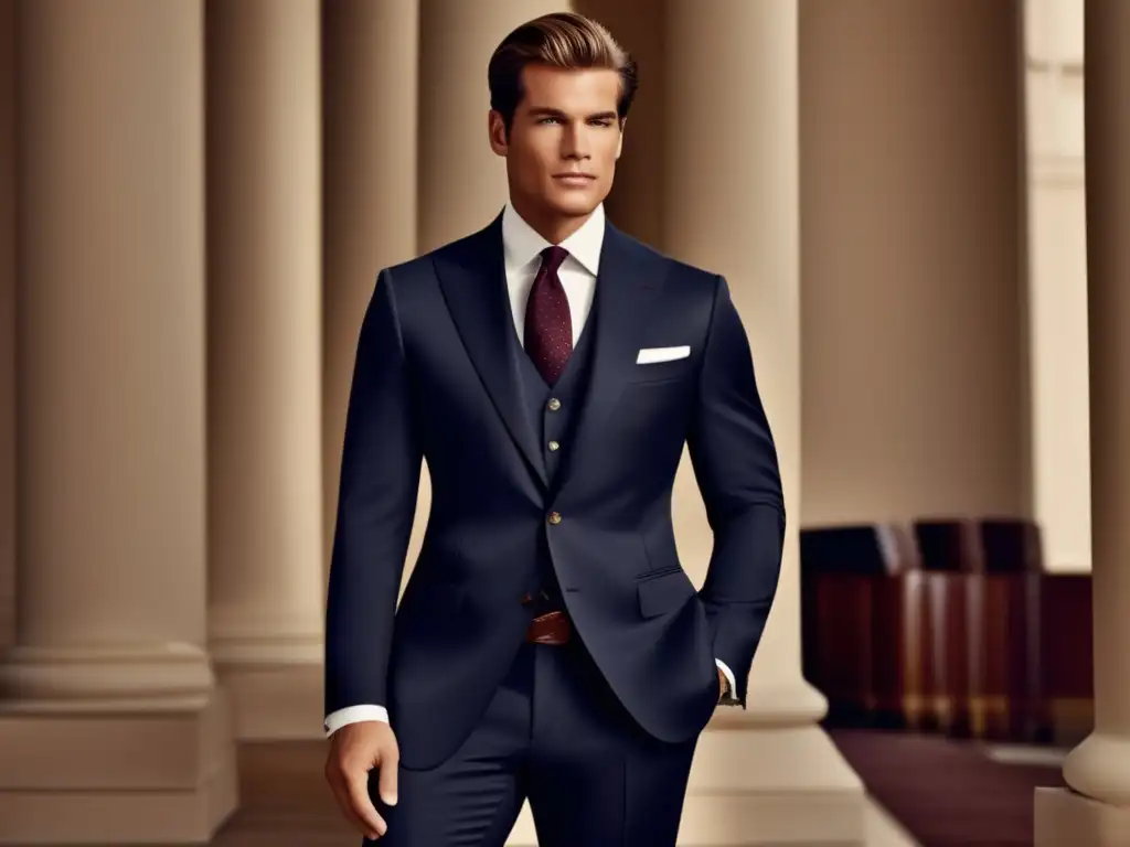 Tendencias moda masculina Ralph Lauren: Hombre elegante en traje clásico Ralph Lauren, encarna confianza y sofisticación