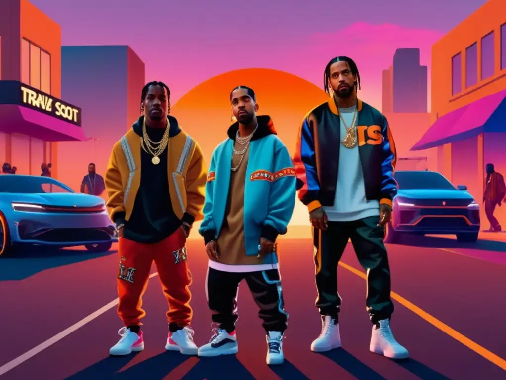 Estilo raperos: tendencias moda masculina en urban street scene al atardecer con Travis Scott, Drake y Future