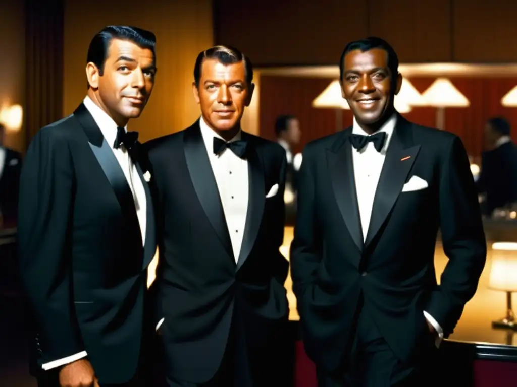 Trajes del Rat Pack en moda masculina: tres hombres elegantes en un club de jazz, Frank Sinatra, Dean Martin y Sammy Davis Jr